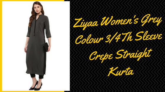 Ziyaa Women's Grey Colour Sleeve Crepe Straight Kurta - Top 10 Kurti Design 2018 in India