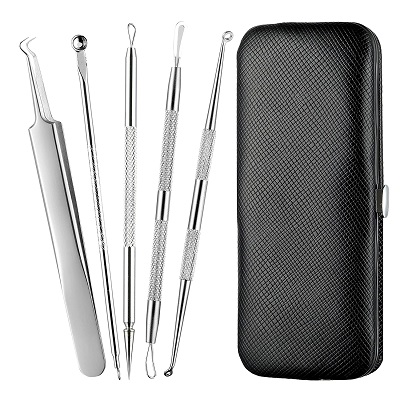 Beauté Secrets Stainless Steel Anti-Slid Handle Blackhead Remover Tools Kit with Case, Pack of 5