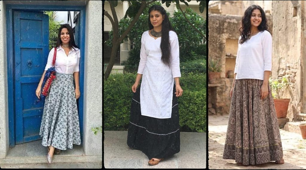 Short white kurti with skirts: styling ideas